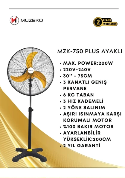 MUZEKO 75cm MZK-750 MEGA PLUS 30 INÇ SARI KANATLI SANAYİ TİPİ AYAKLI VANTİLATÖR 75CM - 2