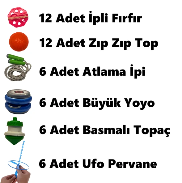 48 Adet Karışık Nostalji Oyuncak Eğlence Seti - Topaç-Yoyo-Ufo Fırfır-İpli Fırfır-Atlama İpi - Resim 4