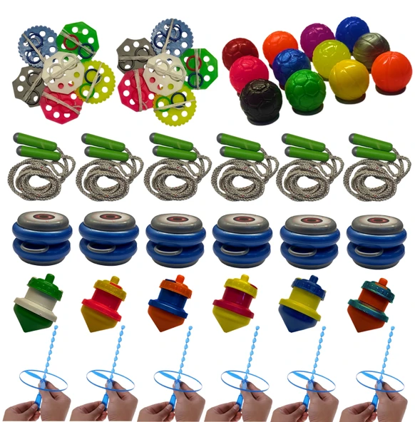 48 Adet Karışık Nostalji Oyuncak Eğlence Seti - Topaç-Yoyo-Ufo Fırfır-İpli Fırfır-Atlama İpi ürün görseli