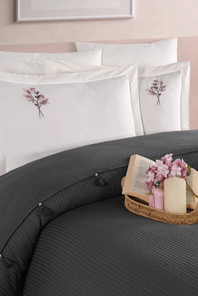 Newhome Çift Kişilik Saçaklı El Nakışlı  %100 Pamuk Lüx Pike Takımı Antrasit