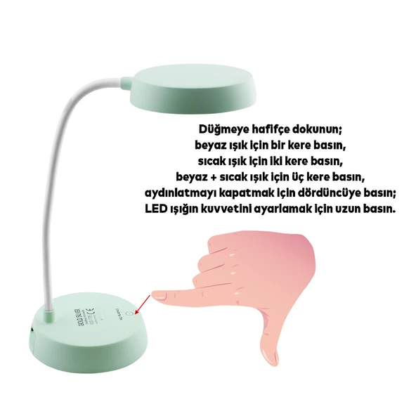 Şarjlı Akrobat 360° Masa Üstü Yeşil Renk Lamba 3 Kademe Dokunmatik Çalışma Okuma Işığı Soft Işık - Resim 3