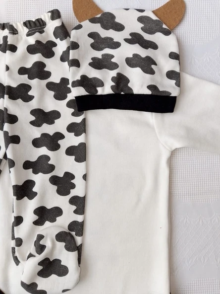 Bızdık Bebe Bızdık Inek Baskılı Çıtçıtlı Zıbın Patikli Pantolon Şapkalı Bebek Takımı - 3