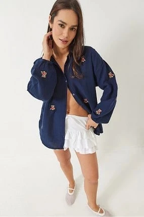 Lacivert Teddy Nakışlı Gömlek - 3