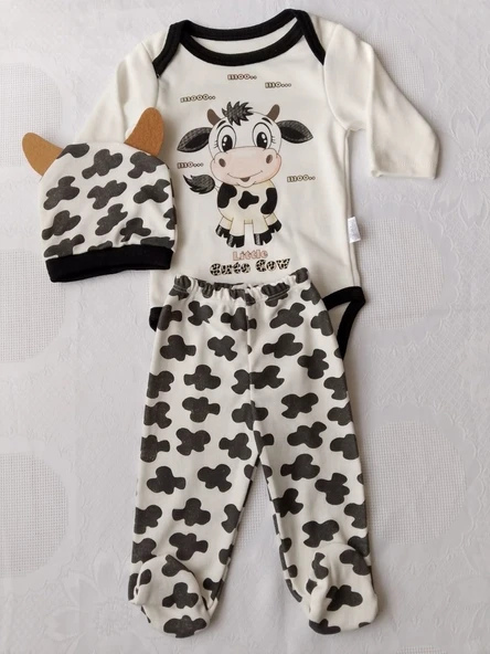 Bızdık Bebe Bızdık Inek Baskılı Çıtçıtlı Zıbın Patikli Pantolon Şapkalı Bebek Takımı