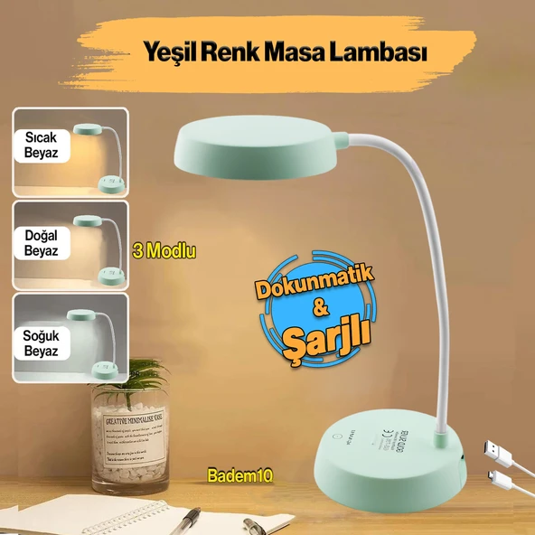 Şarjlı Akrobat 360° Masa Üstü Yeşil Renk Lamba 3 Kademe Dokunmatik Çalışma Okuma Işığı Soft Işık - Resim 2