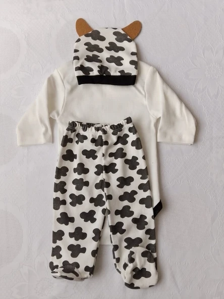 Bızdık Bebe Bızdık Inek Baskılı Çıtçıtlı Zıbın Patikli Pantolon Şapkalı Bebek Takımı - 2