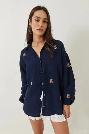 Lacivert Teddy Nakışlı Gömlek