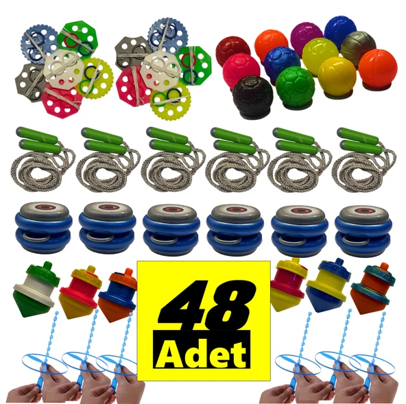 48 Adet Karışık Nostalji Oyuncak Eğlence Seti - Topaç-Yoyo-Ufo Fırfır-İpli Fırfır-Atlama İpi - Resim 2