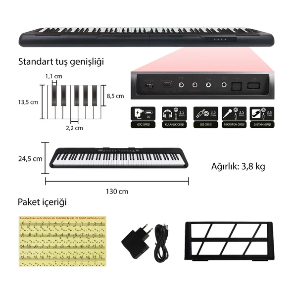 Jwin JDP-3088 Tuş Hassasiyetli 88 Tuşlu Dijital Piyano - Siyah - 2