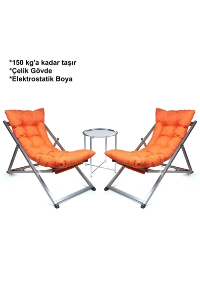 HASTUNÇ Minderli - Maosra Şezlong Seti Bahçe&balkon&teras&plaj Katlanır Ikili Set - 2 Şezlong 1 Sehpa