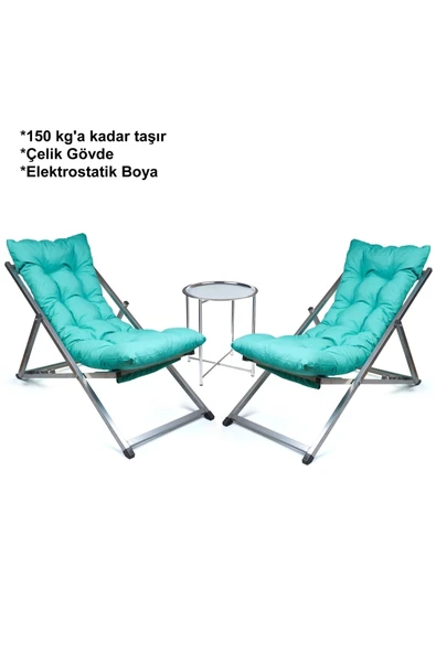 HASTUNÇ Minderli - Maora Şezlong Seti Bahçe&balkon&teras&plaj Katlanır Ikili Set - 2 Şezlong 1 Sehpa
