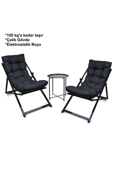 HASTUNÇ Minderli - Zetnnaa Şezlong Seti Bahçe&balkon&teras&plaj Katlanır Ikili Set - 2 Şezlong 1 Sehpa - 2