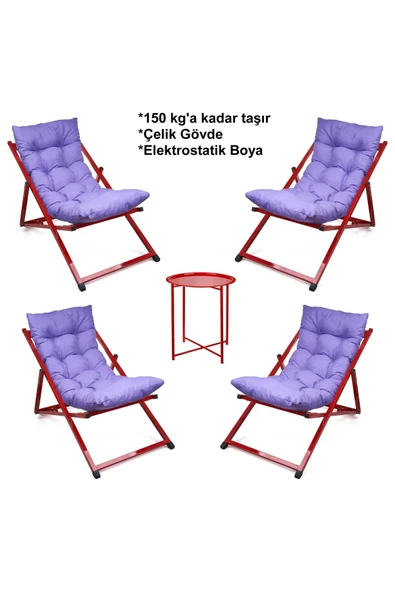HASTUNÇ Minderli - Zetanse Şezlong Seti Bahçe&balkon&teras&plaj Katlanır Dörtlü Set - 4 Şezlong 1 Sehpa
