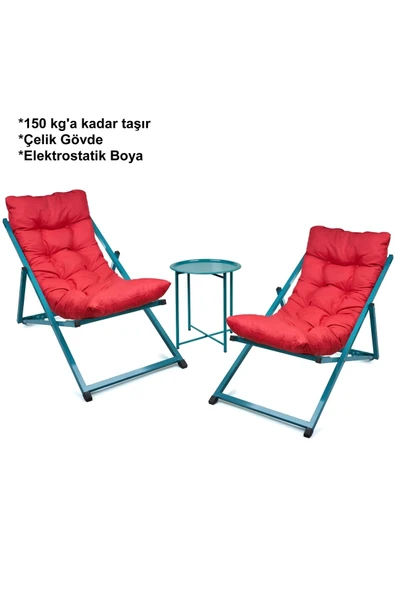 HASTUNÇ Inderli - Zettaa Şezlong Seti Bahçe&balkon&teras&plaj Katlanır Ikili Set - 2 Şezlong 1 Sehpa