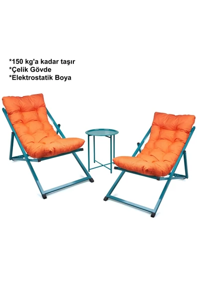 HASTUNÇ Minderli - Maozra Şezlong Seti Bahçe&balkon&teras&plaj Katlanır Ikili Set - 2 Şezlong 1 Sehpa