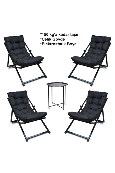 HASTUNÇ Minderli - Zeetrwa Şezlong Seti Bahçe&balkon&teras&plaj Katlanır Dörtlü Set - 4 Şezlong 1 Sehpa