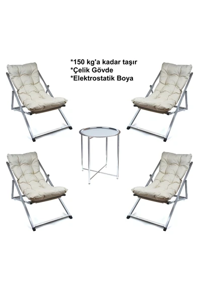 HASTUNÇ Minderli - Mina Şezlong Seti Bahçe&balkon&teras&plaj Katlanır Ikili Set -4 Şezlong 1 Sehpa