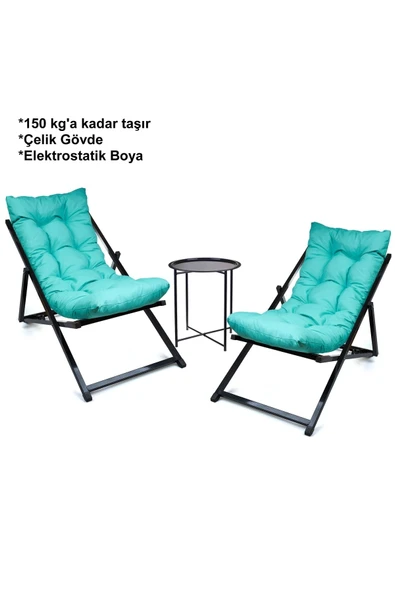 HASTUNÇ Minderli - Mxozra Şezlong Seti Bahçe&balkon&teras&plaj Katlanır Ikili Set - 2 Şezlong 1 Sehpa