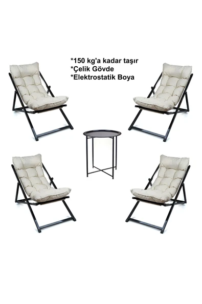 HASTUNÇ Minderli - Mina Şezlong Seti Bahçe&balkon&teras&plaj Katlanır Ikili Set -4 Şezlong 1 Sehpa