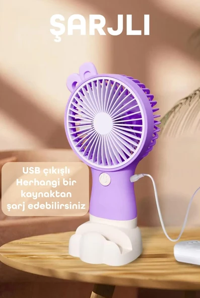 Şarjlı Telefon Standlı Mini El Fanı Sessiz Taşınabilir Masa Vantilatörü Mor - 3