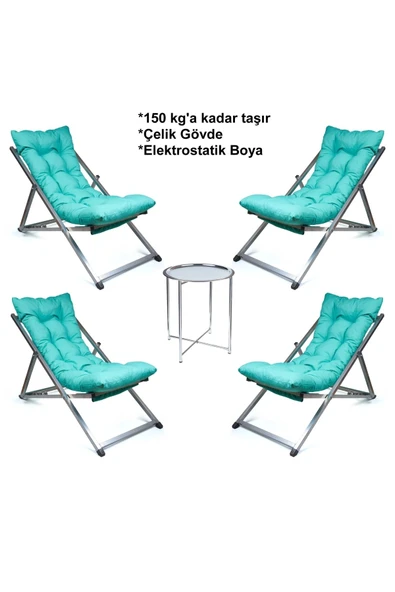 HASTUNÇ Minderli - Zeertpa Şezlong Seti Bahçe&balkon&teras&plaj Katlanır Dörtlü Set - 4 Şezlong 1 Sehpa