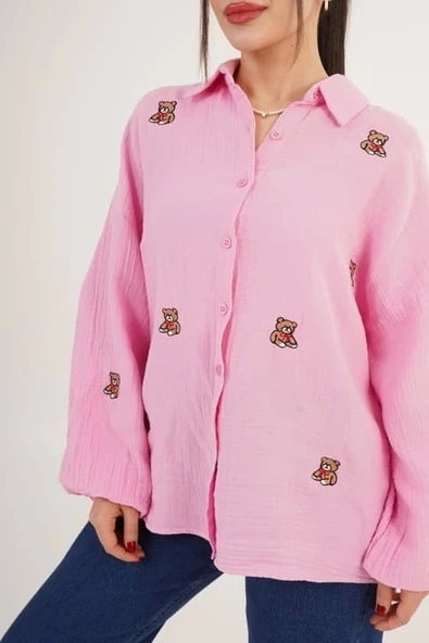 Şeker Pembesi Teddy Nakışlı Gömlek - 3