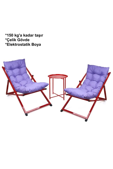 HASTUNÇ Minderli - Maosara Şezlong Seti Bahçe&balkon&teras&plaj Katlanır Ikili Set - 2 Şezlong 1 Sehpa