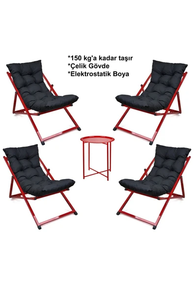 HASTUNÇ Minderli - Zeqrtpa Şezlong Seti Bahçe&balkon&teras&plaj Katlanır Dörtlü Set - 4 Şezlong 1 Sehpa