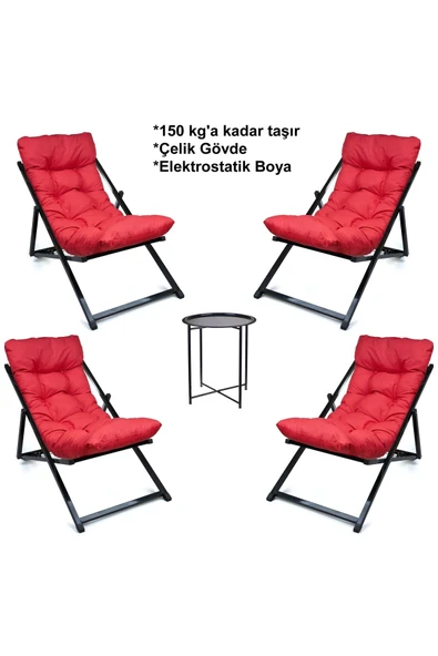 HASTUNÇ Minderli - Minvaa Şezlong Seti Bahçe&balkon&teras&plaj Katlanır Ikili Set -4 Şezlong 1 Sehpa