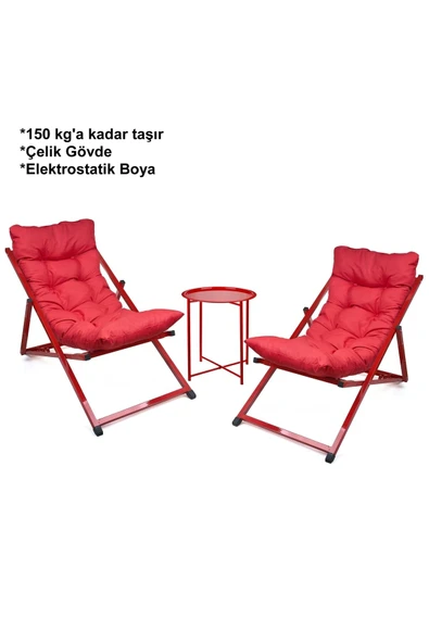 HASTUNÇ Minderli - Zeera Şezlong Seti Bahçe&balkon&teras&plaj Katlanır Ikili Set - 2 Şezlong 1 Sehpa