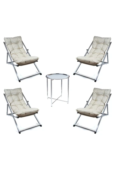 HASTUNÇ Minderli - Mina Şezlong Seti Bahçe&balkon&teras&plaj Katlanır Ikili Set -4 Şezlong 1 Sehpa - 2