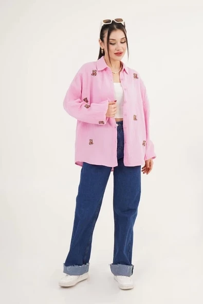 Şeker Pembesi Teddy Nakışlı Gömlek - 2