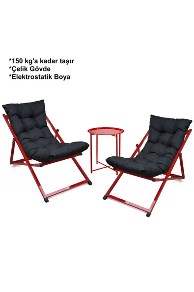 HASTUNÇ Minderli - Zeera Şezlong Seti Bahçe&balkon&teras&plaj Katlanır Ikili Set - 2 Şezlong 1 Sehpa