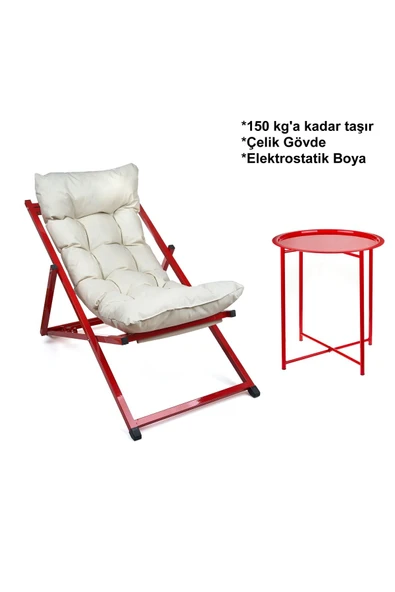 HASTUNÇ Minderli - Mira Şezlong Seti Bahçe&balkon&teras&plaj Katlanır Set - 1 Şezlong 1sehpa
