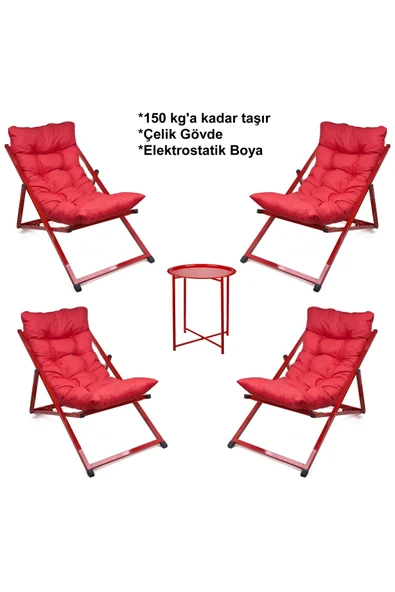HASTUNÇ Minderli - Zeqrtpa Şezlong Seti Bahçe&balkon&teras&plaj Katlanır Dörtlü Set - 4 Şezlong 1 Sehpa