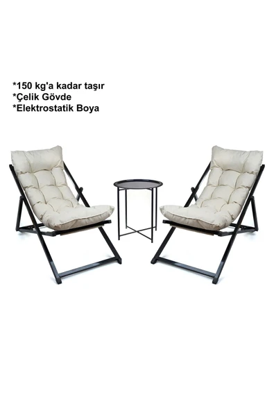 HASTUNÇ Minderli - Cora Şezlong Seti Bahçe&balkon&teras&plaj Katlanır Ikili Set - 2 Şezlong 1 Sehpa