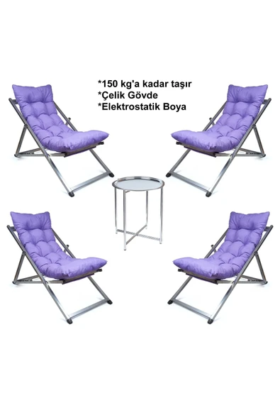HASTUNÇ Minderli - Kora Şezlong Seti Bahçe&balkon&teras&plaj Katlanır Dörtlü Set - 4 Şezlong 1 Sehpa