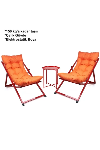 HASTUNÇ Minderli - Zeera Şezlong Seti Bahçe&balkon&teras&plaj Katlanır Ikili Set - 2 Şezlong 1 Sehpa