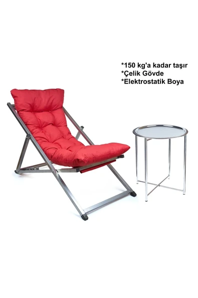 HASTUNÇ Minderli - Mirass Şezlong Seti Bahçe&balkon&teras&plaj Katlanır Set - 1 Şezlong 1sehpa