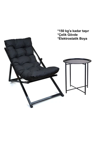 HASTUNÇ Minderli - Mitrssvaa Şezlong Seti Bahçe&balkon&teras&plaj Katlanır Set - 1 Şezlong 1sehpa