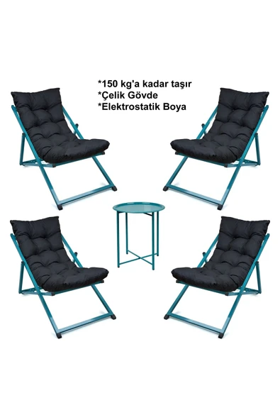 HASTUNÇ Minderli - Zeetpqa Şezlong Seti Bahçe&balkon&teras&plaj Katlanır Dörtlü Set - 4 Şezlong 1 Sehpa