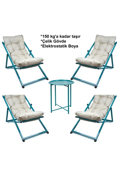HASTUNÇ Minderli - Mina Şezlong Seti Bahçe&balkon&teras&plaj Katlanır Ikili Set -4 Şezlong 1 Sehpa