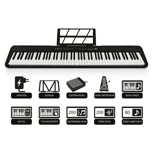 Jwin JDP-3088 Tuş Hassasiyetli 88 Tuşlu Dijital Piyano - Siyah
