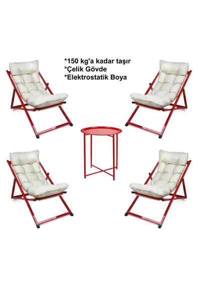 HASTUNÇ Minderli - Mina Şezlong Seti Bahçe&balkon&teras&plaj Katlanır Ikili Set -4 Şezlong 1 Sehpa