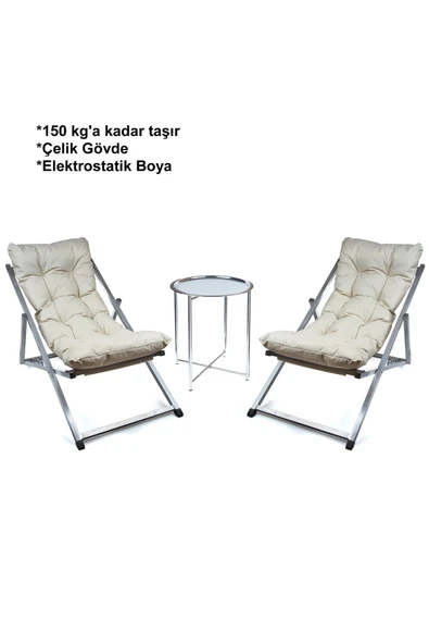 HASTUNÇ Minderli - Cora Şezlong Seti Bahçe&balkon&teras&plaj Katlanır Ikili Set - 2 Şezlong 1 Sehpa