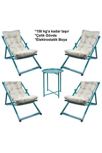 HASTUNÇ Minderli - Nora Şezlong Seti Bahçe&balkon&teras&plaj Katlanır Dörtlü Set - 4 Şezlong 1 Sehpa