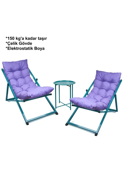 HASTUNÇ Minderli - Zeetpqa Şezlong Seti Bahçe&balkon&teras&plaj Katlanır Dörtlü Set - 4 Şezlong 1 Sehpa - 3