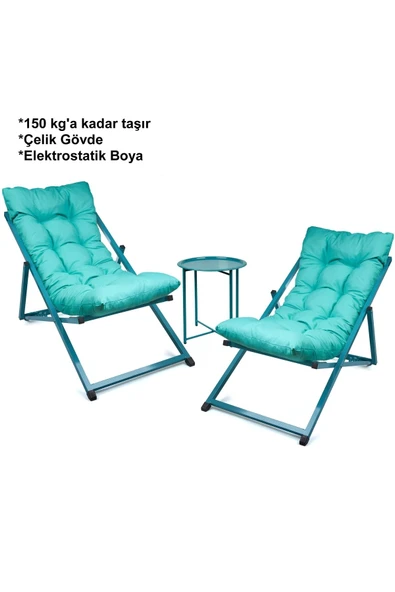 HASTUNÇ Minderli - Maozra Şezlong Seti Bahçe&balkon&teras&plaj Katlanır Ikili Set - 2 Şezlong 1 Sehpa