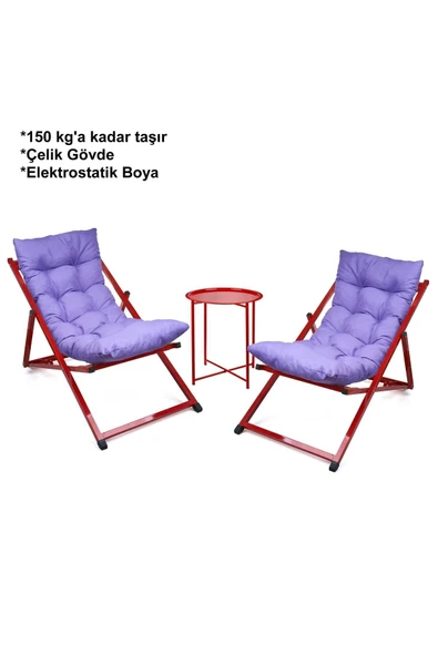 HASTUNÇ Minderli - Zeera Şezlong Seti Bahçe&balkon&teras&plaj Katlanır Ikili Set - 2 Şezlong 1 Sehpa