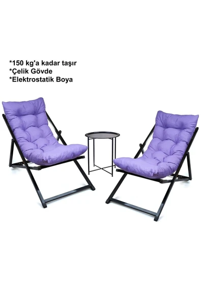 HASTUNÇ Minderli - Morasra Şezlong Seti Bahçe&balkon&teras&plaj Katlanır Ikili Set - 2 Şezlong 1 Sehpa